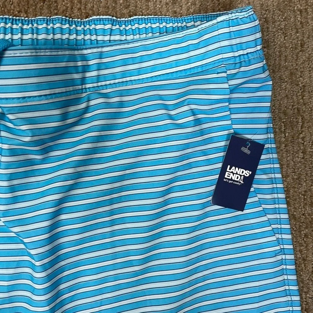 Lands End Mens‎ Swim Trunks Shorts Blue Stripe XXL Elastic Waist Pockets